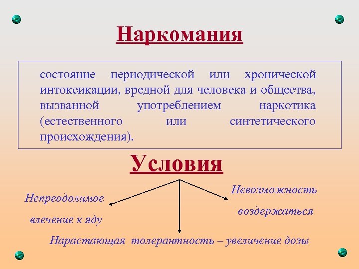 Наркомания состояние периодической или хронической интоксикации, вредной для человека и общества, вызванной употреблением наркотика