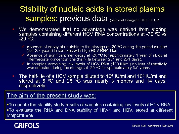 Stability of nucleic acids in stored plasma samples: previous data (José et al, Biologicals