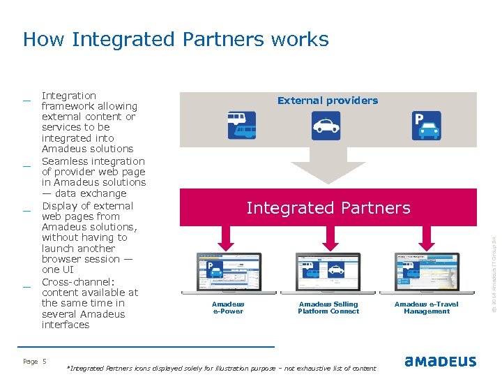 How Integrated Partners works _ _ Page 5 External providers Integrated Partners Amadeus e-Power