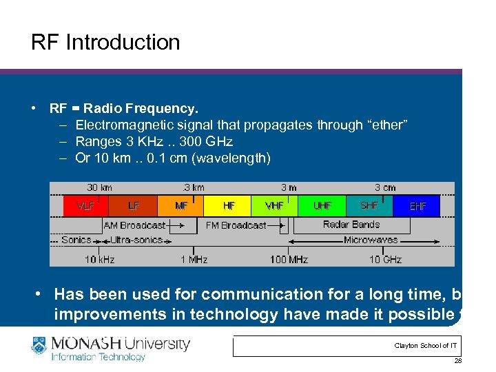 RF Introduction • RF = Radio Frequency. – Electromagnetic signal that propagates through “ether”