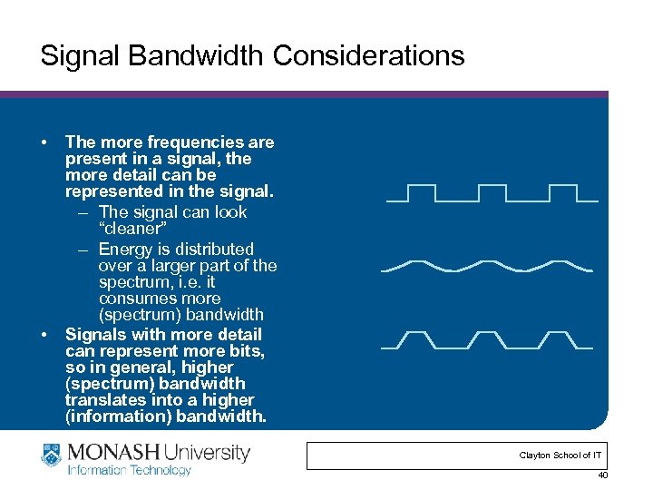 Signal Bandwidth Considerations • • The more frequencies are present in a signal, the