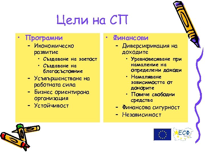 Цели на CП • Програмни – Икономическо развитие • Създаване на заетост • Създаване