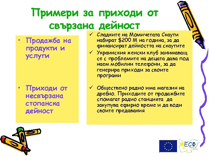 Примери за приходи от свързана дейност • Продажба на продукти и услуги • Приходи
