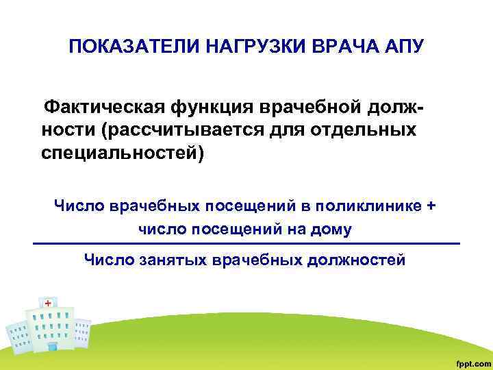 ПОКАЗАТЕЛИ НАГРУЗКИ ВРАЧА АПУ Фактическая функция врачебной должности (рассчитывается для отдельных специальностей) Число врачебных