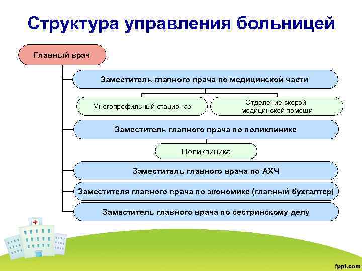 Структура управления больницей Главный врач Заместитель главного врача по медицинской части Многопрофильный стационар Отделение