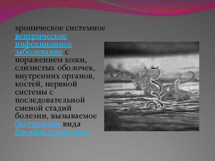 хроническое системное венерическое инфекционное заболевание с поражением кожи, слизистых оболочек, внутренних органов, костей, нервной