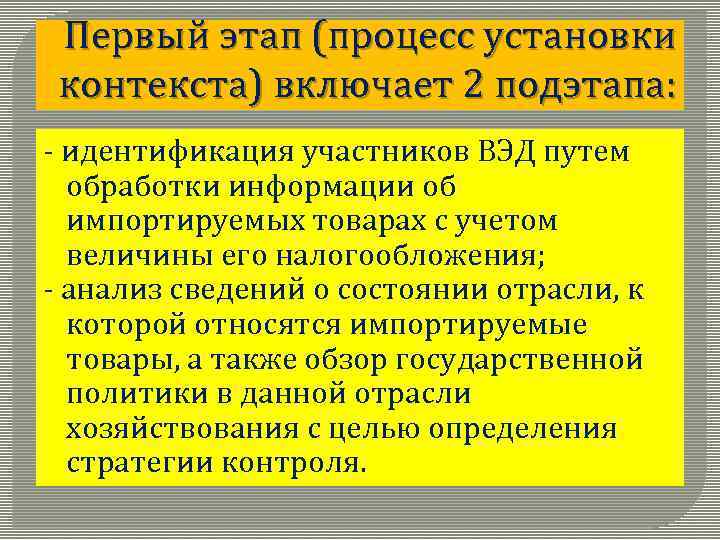 Первый этап (процесс установки контекста) включает 2 подэтапа: - идентификация участников ВЭД путем обработки