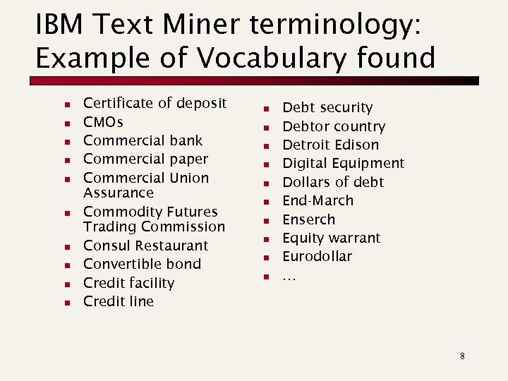 IBM Text Miner terminology: Example of Vocabulary found n n n n n Certificate