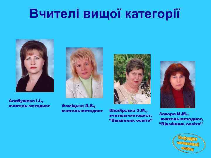 Вчителі вищої категорії Алабушева І. І. , вчитель-методист Фоміцька Л. В. , вчитель-методист Шклярська