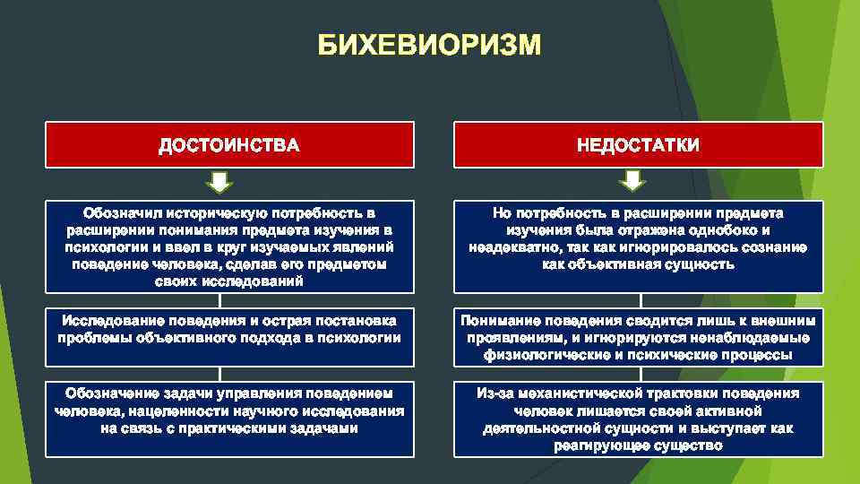 БИХЕВИОРИЗМ ДОСТОИНСТВА НЕДОСТАТКИ Обозначил историческую потребность в расширении понимания предмета изучения в психологии и