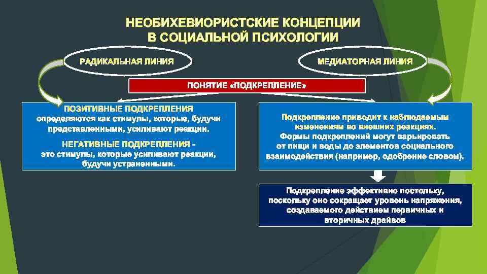 НЕОБИХЕВИОРИСТСКИЕ КОНЦЕПЦИИ В СОЦИАЛЬНОЙ ПСИХОЛОГИИ РАДИКАЛЬНАЯ ЛИНИЯ МЕДИАТОРНАЯ ЛИНИЯ ПОНЯТИЕ «ПОДКРЕПЛЕНИЕ» ПОЗИТИВНЫЕ ПОДКРЕПЛЕНИЯ определяются