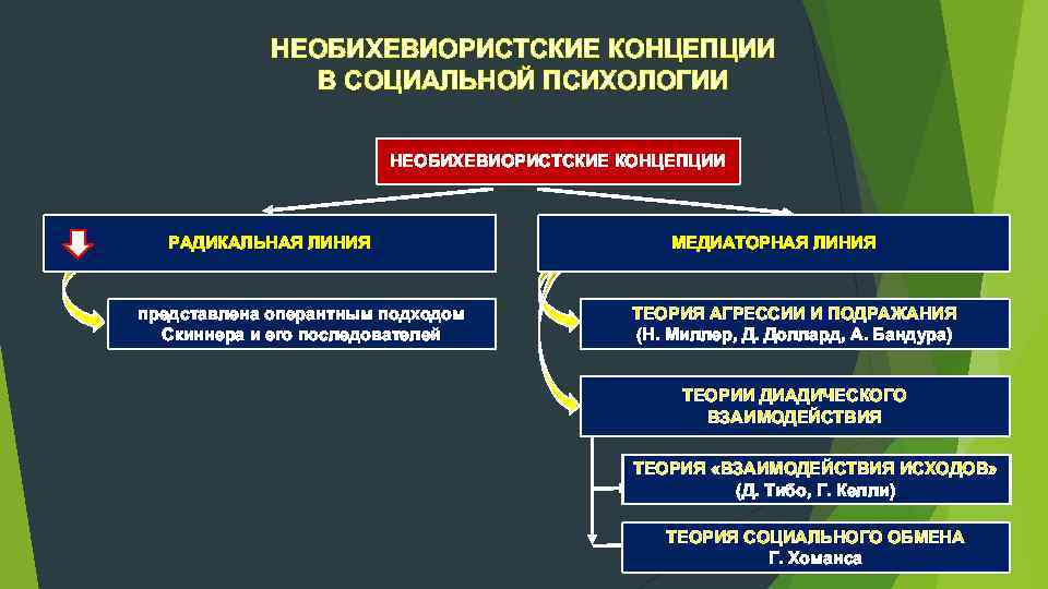 НЕОБИХЕВИОРИСТСКИЕ КОНЦЕПЦИИ В СОЦИАЛЬНОЙ ПСИХОЛОГИИ НЕОБИХЕВИОРИСТСКИЕ КОНЦЕПЦИИ РАДИКАЛЬНАЯ ЛИНИЯ представлена оперантным подходом Скиннера и