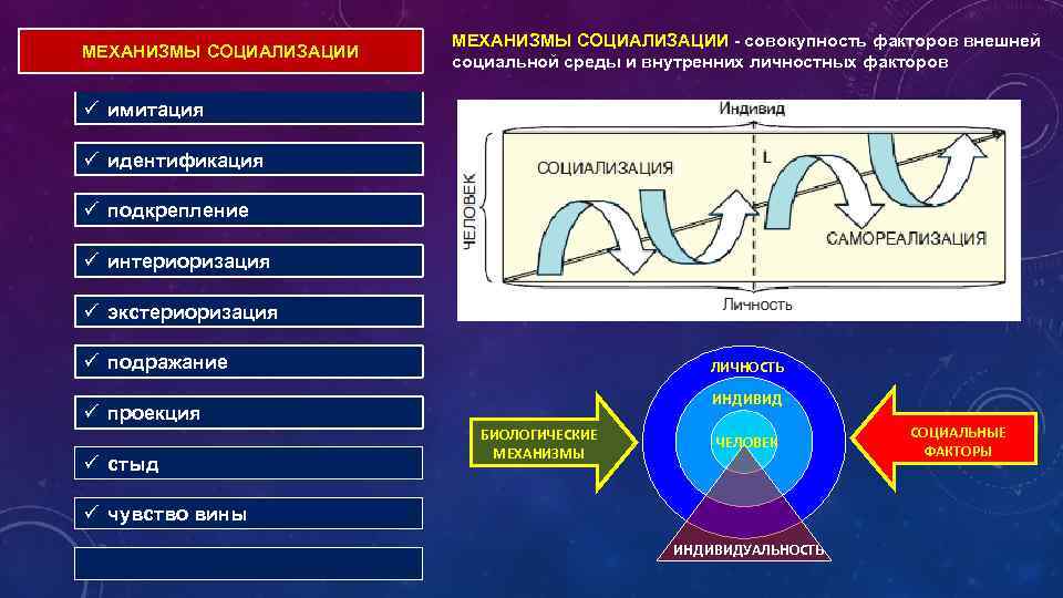 МЕХАНИЗМЫ СОЦИАЛИЗАЦИИ - совокупность факторов внешней социальной среды и внутренних личностных факторов ü имитация