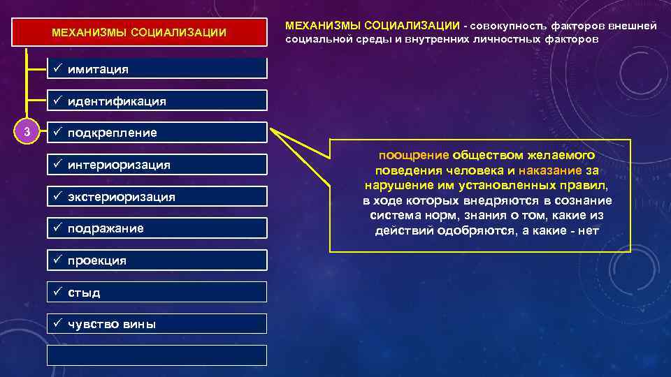 МЕХАНИЗМЫ СОЦИАЛИЗАЦИИ - совокупность факторов внешней социальной среды и внутренних личностных факторов ü имитация
