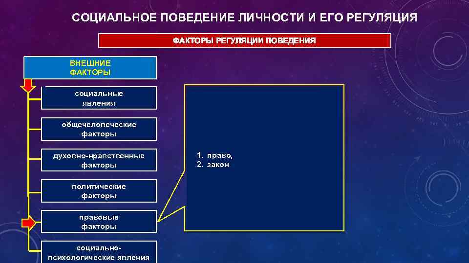 СОЦИАЛЬНОЕ ПОВЕДЕНИЕ ЛИЧНОСТИ И ЕГО РЕГУЛЯЦИЯ ФАКТОРЫ РЕГУЛЯЦИИ ПОВЕДЕНИЯ ВНЕШНИЕ ФАКТОРЫ социальные явления общечеловеческие