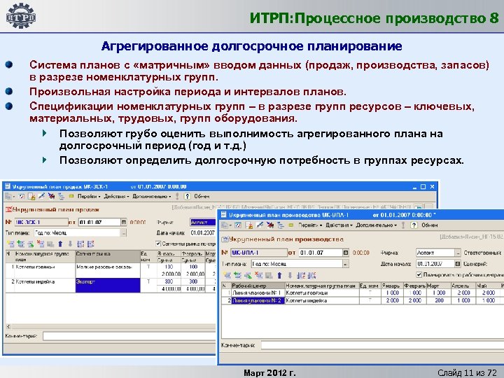 ИТРП: Процессное производство 8 Агрегированное долгосрочное планирование Система планов с «матричным» вводом данных (продаж,