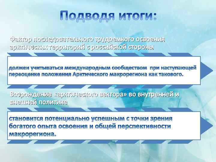 Фактор последовательного трудоемкого освоения арктических территорий с российской стороны Возрождение «арктического вектора» во внутренней