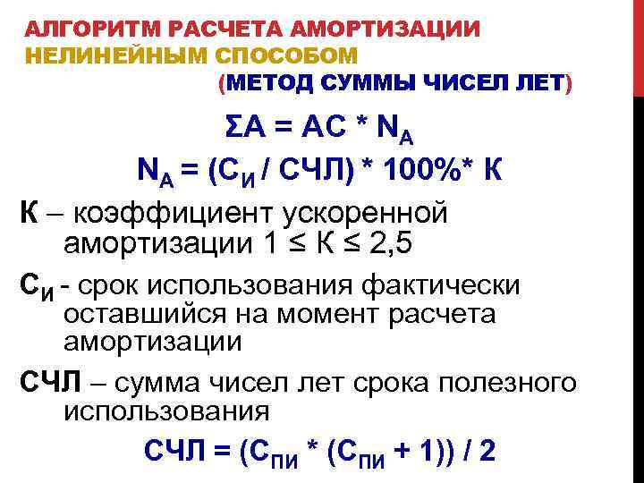 АЛГОРИТМ РАСЧЕТА АМОРТИЗАЦИИ НЕЛИНЕЙНЫМ СПОСОБОМ (МЕТОД СУММЫ ЧИСЕЛ ЛЕТ) ΣА = АС * NА