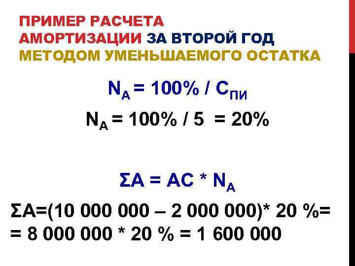 ПРИМЕР РАСЧЕТА АМОРТИЗАЦИИ ЗА ВТОРОЙ ГОД МЕТОДОМ УМЕНЬШАЕМОГО ОСТАТКА NА = 100% / СПИ