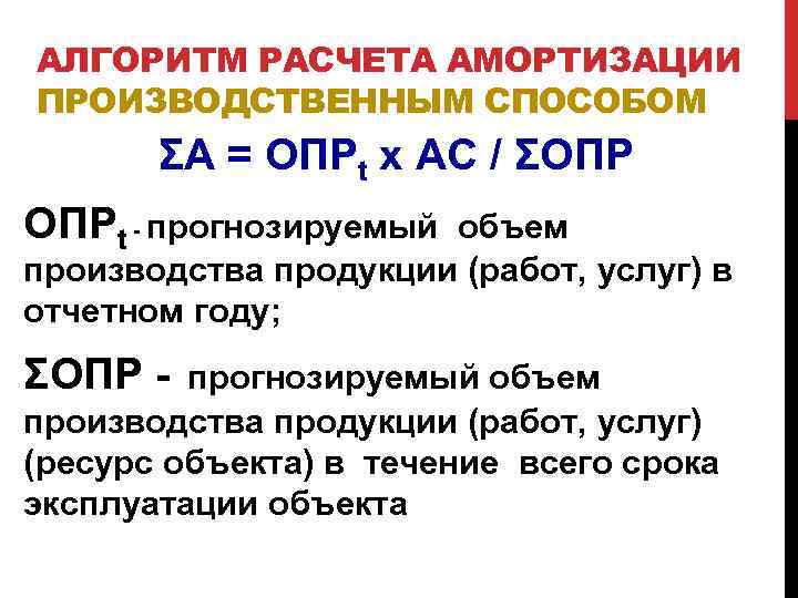 АЛГОРИТМ РАСЧЕТА АМОРТИЗАЦИИ ПРОИЗВОДСТВЕННЫМ СПОСОБОМ ΣА = ОПРt x АС / ΣОПР ОПРt -