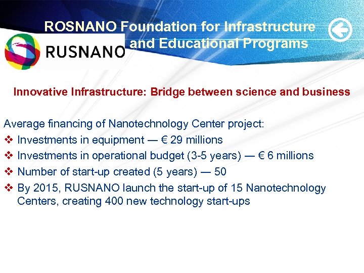 ROSNANO Foundation for Infrastructure and Educational Programs Innovative Infrastructure: Bridge between science and business