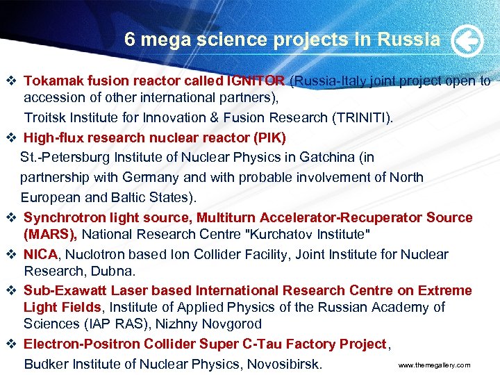 6 mega science projects in Russia v Tokamak fusion reactor called IGNITOR (Russia-Italy joint