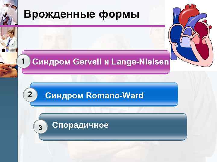 Врожденные формы 1 Синдром Gervell и Lange-Nielsen 2 Синдром Romano-Ward 3 Спорадичное 