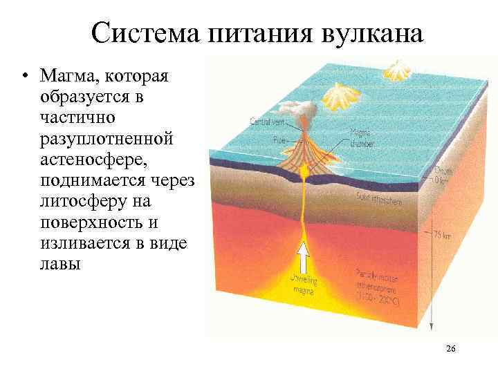 Система питания вулкана • Магма, которая образуется в частично разуплотненной астеносфере, поднимается через литосферу