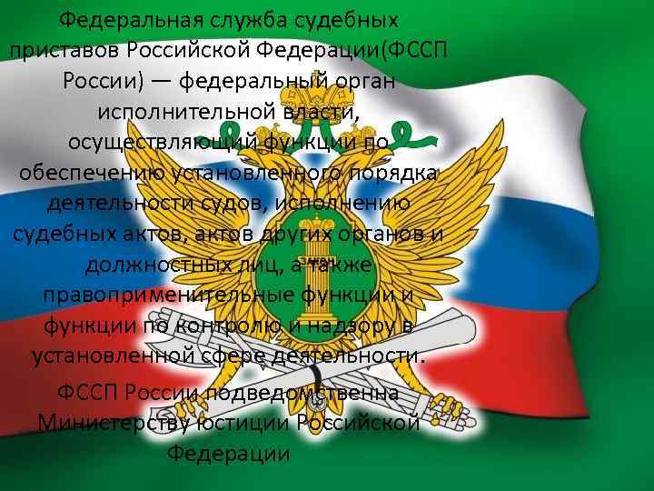 Федеральная служба судебных приставов Российской Федерации(ФССП России) — федеральный орган исполнительной власти, осуществляющий функции