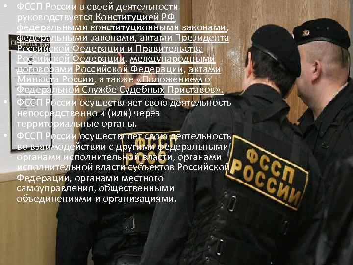  • ФССП России в своей деятельности руководствуется Конституцией РФ, федеральными конституционными законами, федеральными