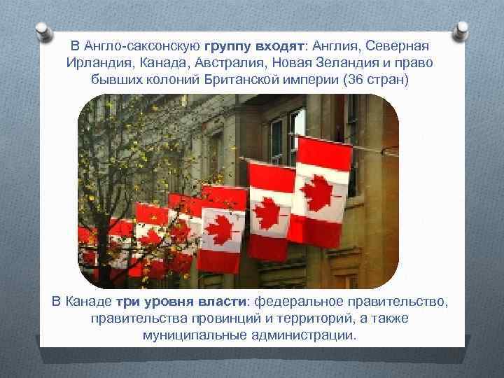 В Англо-саксонскую группу входят: Англия, Северная Ирландия, Канада, Австралия, Новая Зеландия и право бывших