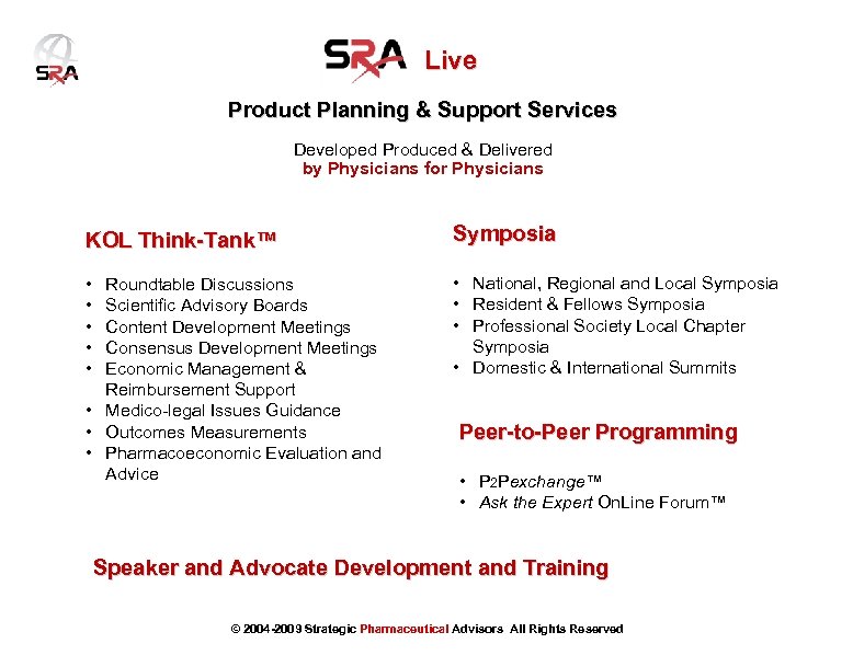Live Product Planning & Support Services Developed Produced & Delivered by Physicians for Physicians