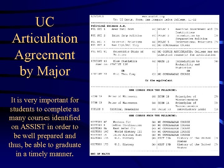 UC Articulation Agreement by Major It is very important for students to complete as