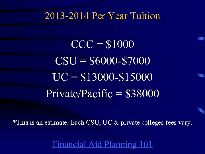 2013 -2014 Per Year Tuition CCC = $1000 CSU = $6000 -$7000 UC =