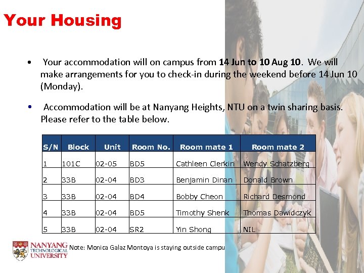 Your Housing • Your accommodation will on campus from 14 Jun to 10 Aug