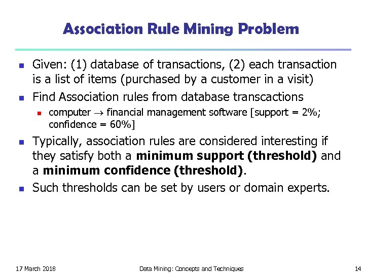 Association Rule Mining Problem n n Given: (1) database of transactions, (2) each transaction