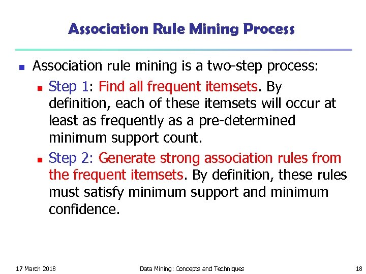 Association Rule Mining Process n Association rule mining is a two-step process: n Step