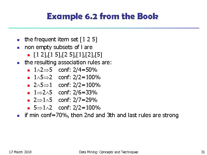 Example 6. 2 from the Book n n the frequent item set [1 2