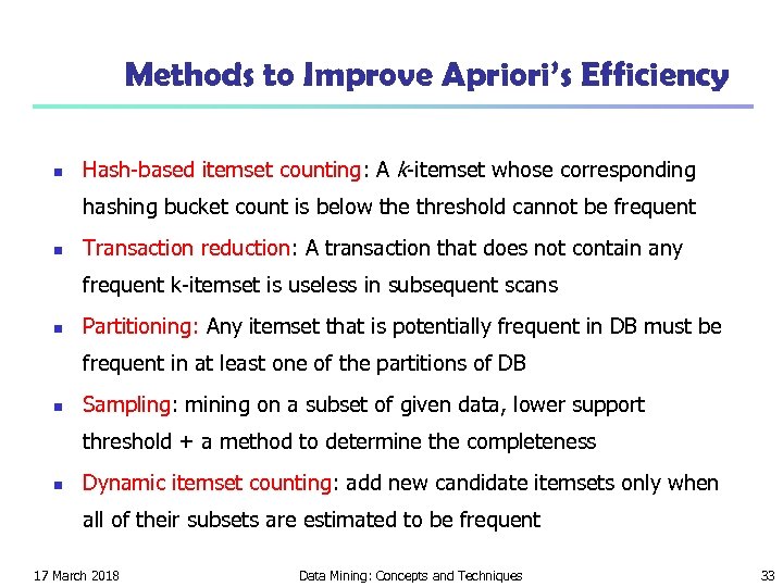 Methods to Improve Apriori’s Efficiency n Hash-based itemset counting: A k-itemset whose corresponding hashing