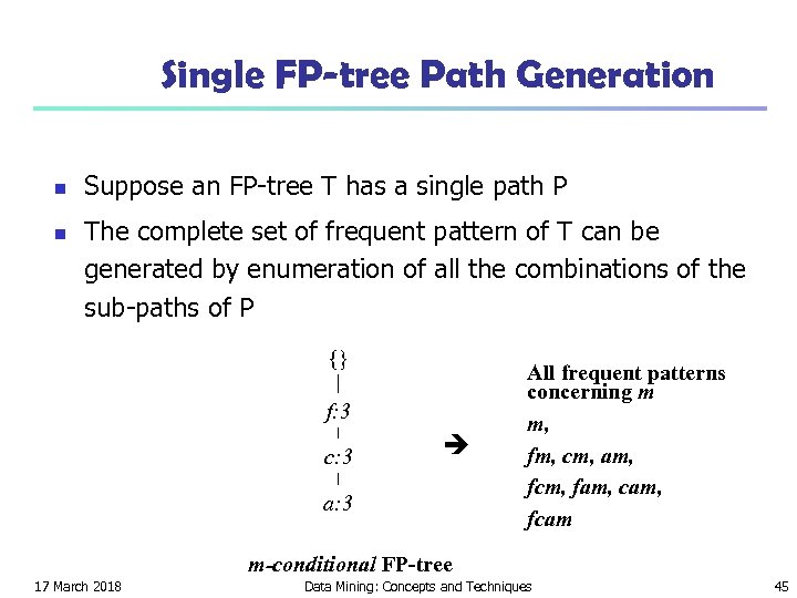 Single FP-tree Path Generation n n Suppose an FP-tree T has a single path