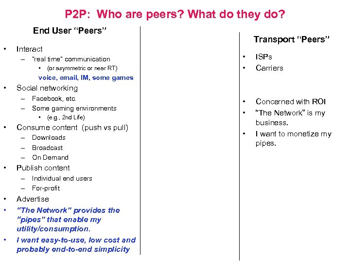 P 2 P: Who are peers? What do they do? End User “Peers” •