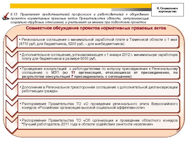 6. 13. Привлекает представителей профсоюзов и работодателей к обсуждению проектов нормативных правовых актов Правительства