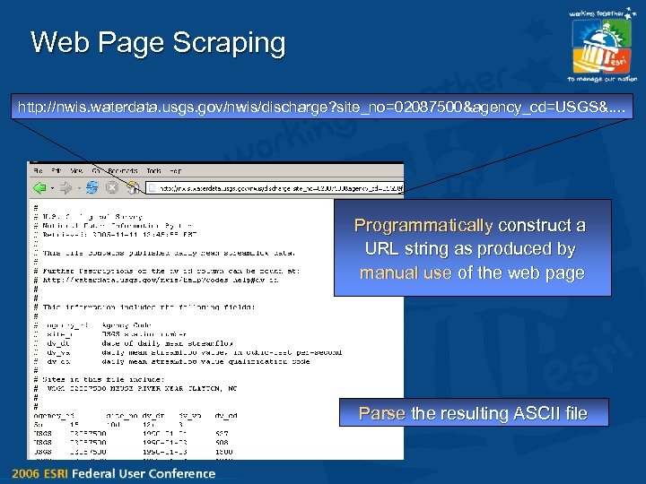 Web Page Scraping http: //nwis. waterdata. usgs. gov/nwis/discharge? site_no=02087500&agency_cd=USGS&. . Programmatically construct a URL
