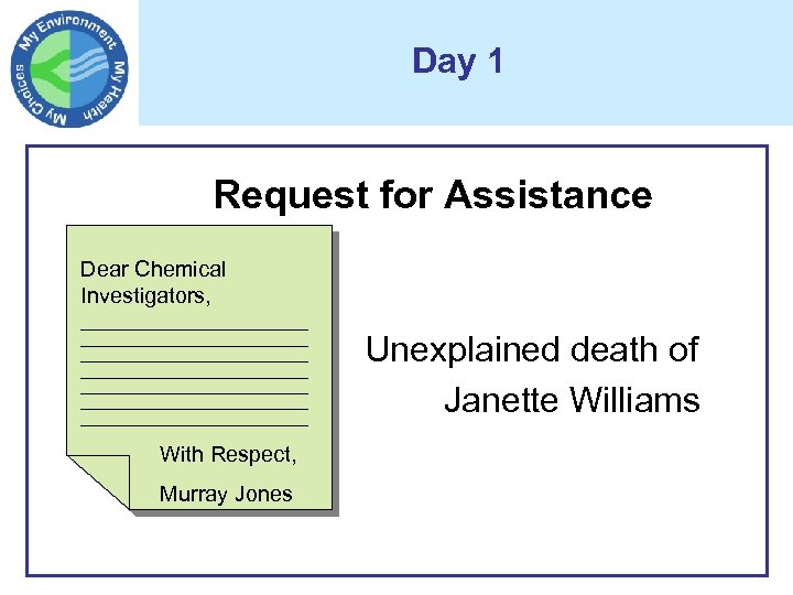 Day 1 Request for Assistance Dear Chemical Investigators, _______________________________ _______________________________ With Respect, Murray Jones