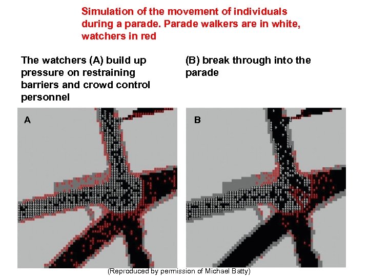 Simulation of the movement of individuals during a parade. Parade walkers are in white,