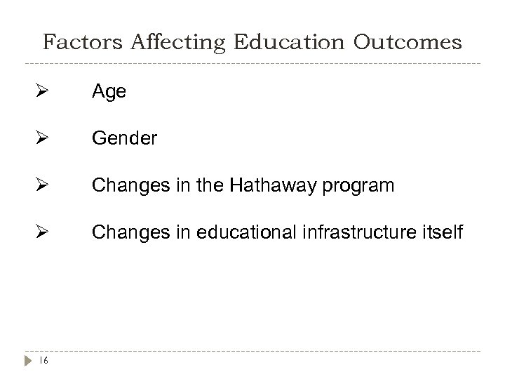 Factors Affecting Education Outcomes Ø Age Ø Gender Ø Changes in the Hathaway program