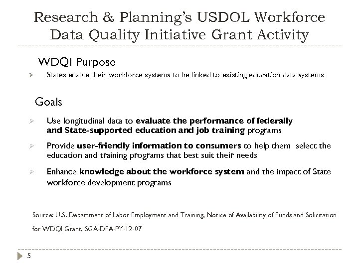 Research & Planning’s USDOL Workforce Data Quality Initiative Grant Activity WDQI Purpose Ø States