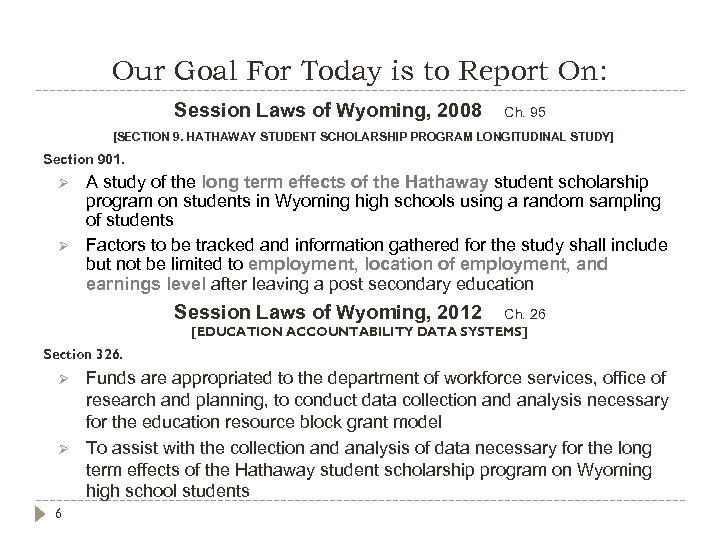 Our Goal For Today is to Report On: Session Laws of Wyoming, 2008 Ch.