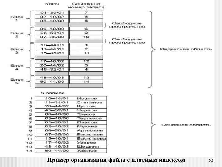 Пример организации файла с плотным индексом 30 