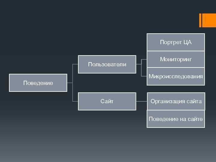 Портрет ЦА Пользователи Мониторинг Микроисследования Поведение Сайт Организация сайта Поведение на сайте 